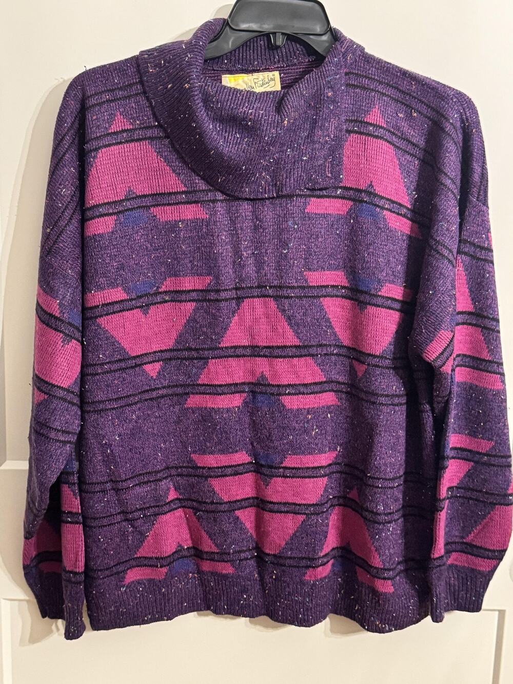 Vintage Diane Von Furstenberg Sweater 2X Purple Aztec Cowl Neck Button Knit